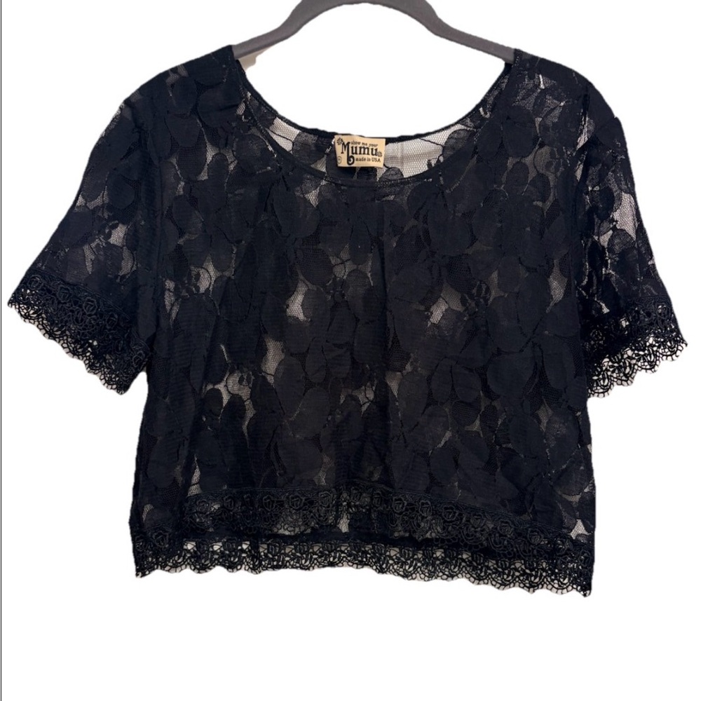Show Me Your MuMu Black Floral Lace Sheer Cropped Top Scalloped Hem Size Medium